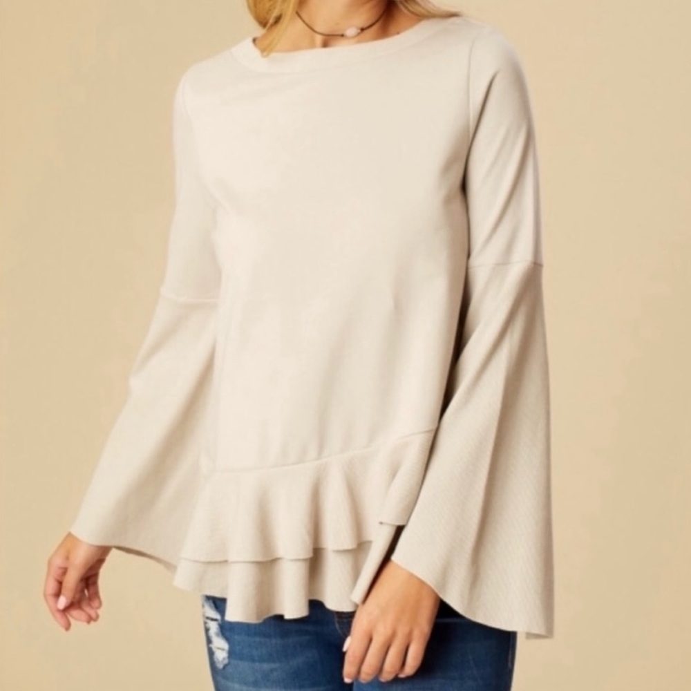 Altar'd State Pink Ruffle Bell Sleeve Ruffle Hem Sweater Size Medium